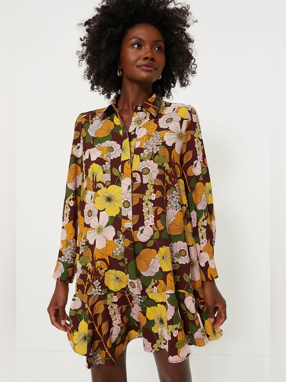 Tuckernuck Retro Floral Crepe Callahan Shirt Dress Brown Yellow Pink XXL 2X